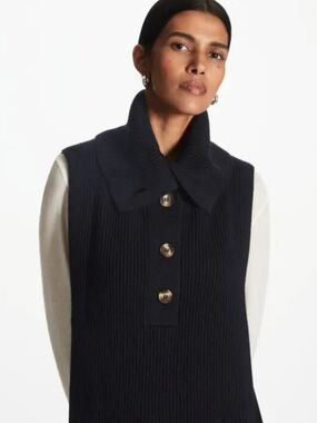 COS Wool Cotton Blend Button Down Knitted Turtleneck High Neck Bib Navy Blue